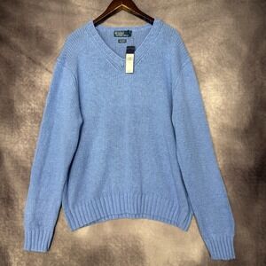 NWT Vintage Polo Ralph Lauren Men's XXL Linen  Silk‎  Blue V-Neck Pullover $165